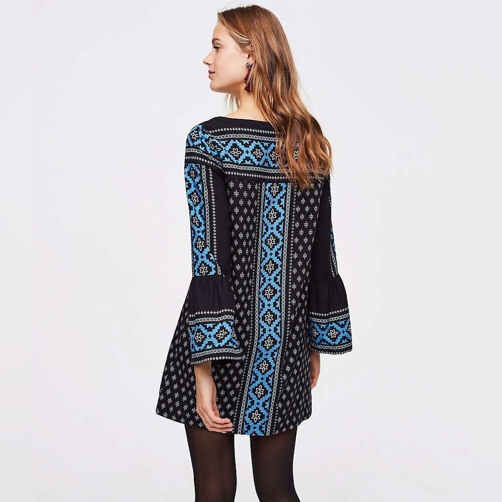 "LOFT" MULTICOLOR MEDALLION TRIBAL BOHO BELL SLEEVE SHIFT MINI DRESS SZ XXS NWT